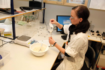 Hankkijan laboratoriossa työntekijä valkoinen takki päällään tietokoneen äärellä tekemässä kokeita.