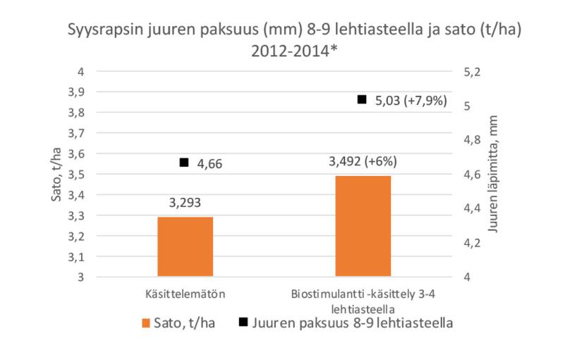 Biostimulantti -käsittely 3-4 lehtiasteella lisäsi syysrapsin juuren paksuutta 8-9 lehtiasteella 7,9% ja satoa 6,0%