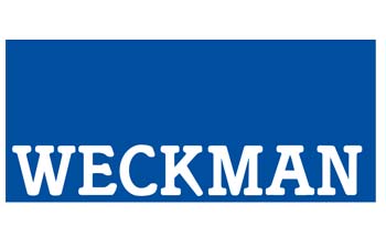 Weckman-logo sinisellä taustalla valkoinen teksti