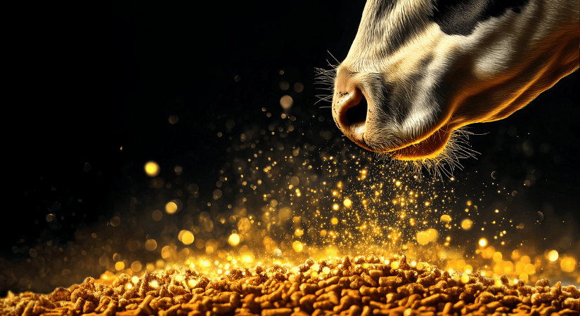 Lehmän kuono lähikuvassa, edessä kultaisena hohtavia naudanrehupellettejä tummalla taustalla.