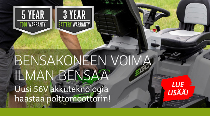 Ego Power+ akkukoneet, bensakoneen voima ilman bensaa, kuvassa ajettava ruohonleikkuri ja akku.  Klikkaa ja tutustu valikoimaan.