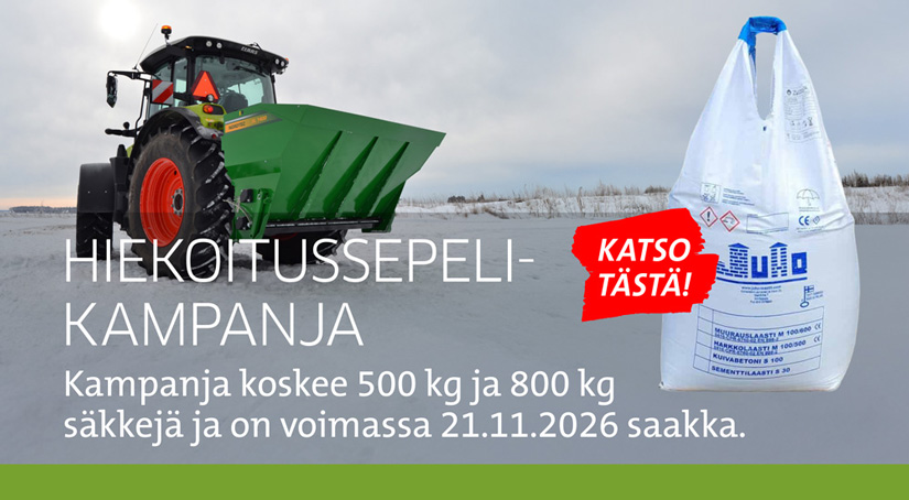 Hiekoitussepelikampanja koskee 500kg ja 800kg säkkejä ja on voimassa 21.11.2026 saakka.