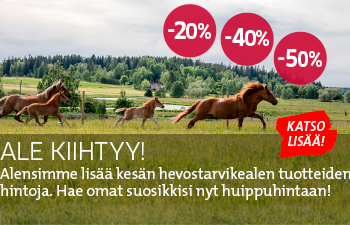 Hevostarvikkeiden kausialen kuvituskuva, jossa hevoset laukkaavat laitumella.