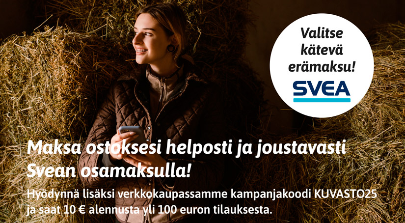 Svea-maksuntarjoajapalvelun mainos, kuvituskuva. Naisoletettu talliympäristössä tekee kännykällä verkkokauppatilausta.
