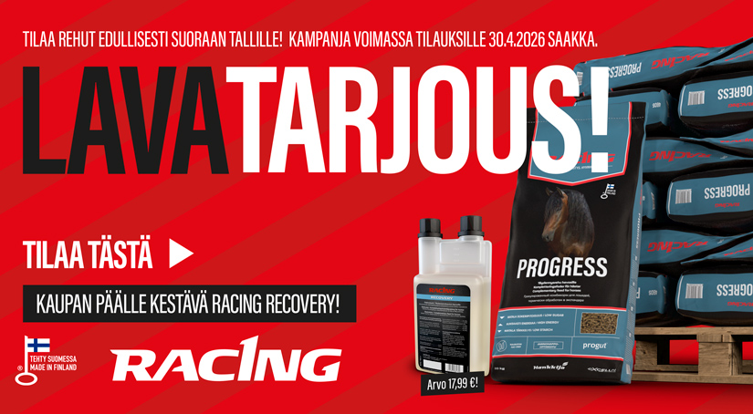 Racing -hevosrehujen lavatarjouskampanja, huhtikuu 2026, kuvituskuva.