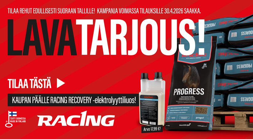 Racing-lavakampanjan kuvituskuva hevosrehuille huhtikuu 2026.