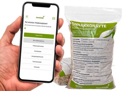 Hankkija mobiilisovelluksen viljakauppa ja ennakkonäytepussi