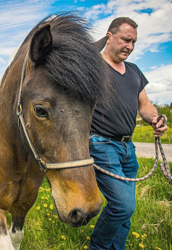 Erno Tamminen taluttaa ruskea-valkoista ponia riimulla ja riimunarulla kesäpäivänä vehreällä nurmella.