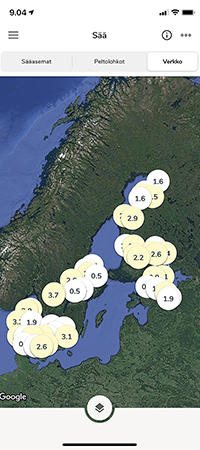 FieldSense sääaseman mobiilinäkymä. Pohjoismaiden kartta säämerkinnöillä.