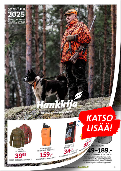 Syyskuun kuvaston kansikuva, kuvituskuva. Miesoletettu metsästäjä metsästyskoiran kanssa syysmaisemissa.