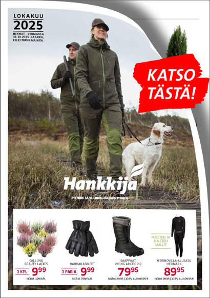 Hankkija kuvaston kansikuva, lokakuu 2025. Kuvituskuva. Mies- ja naisoletettu irlanninsetterikoiran kanssa suolla.
