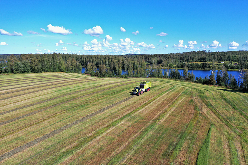 Vihreä traktori pellolla kesällä järvimaiseman vieressä