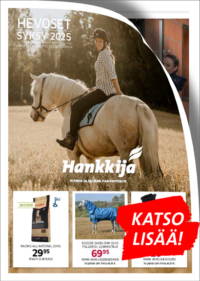 Hankkija Hevoset-kuvaston kansikuva, kuvituskuva. Naisoletettu katsoo kameraa pellolla kimon hevosen selässä istuen.