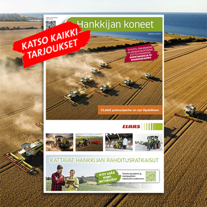 Hankkijan koneiden ennakkokauppa-esite ja taustalla CLAAS-puimureita