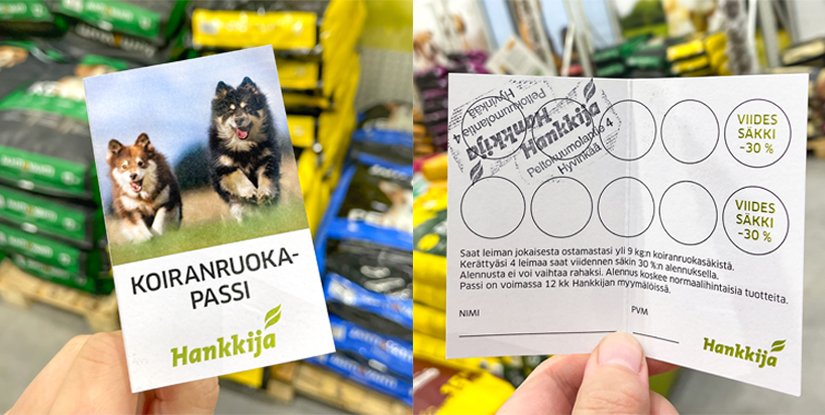 Hankkijan koiranruokapassi edestä ja sivulta