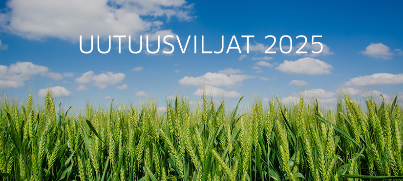 Kuva vehreistä viljakasvustoista, jossa otsikkona teksti "Uutuusviljat 2025".