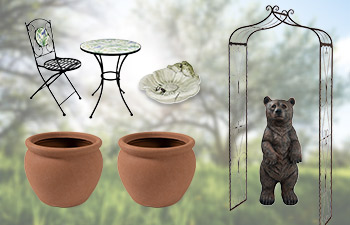 Ruukkuja, puutarhakalusteita ja pihakoristeita