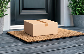 Paketti ovimatolla oven edessä. Oven vieressä on ruukussa viherkasveja.
