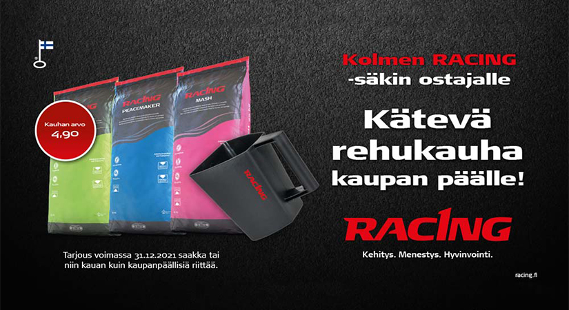 Racn rehusäkin ostajalle kätevä rehukauha kaupan päälle mainosbanneri, kuvassa kolme säkkiä ja kauha
