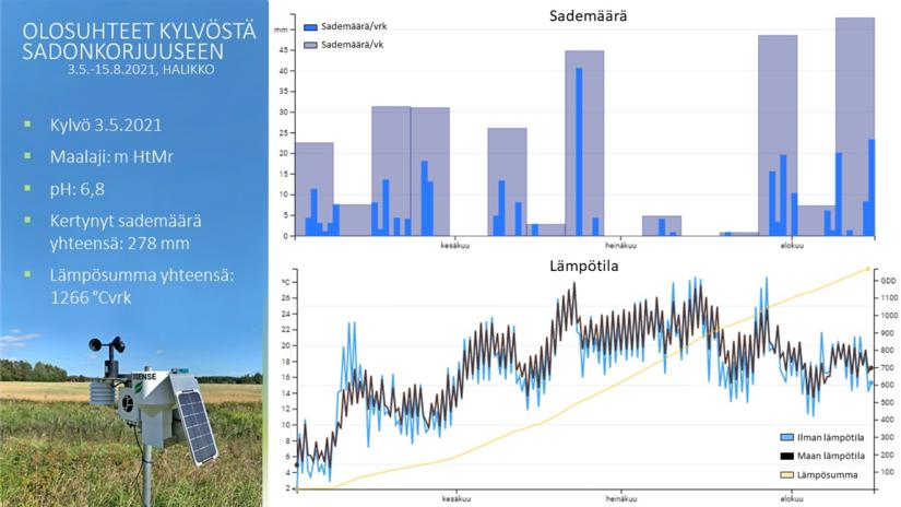 Sademäärä ja lämpötila kylvöstä sadonkorjuuseen, FieldSense sääasema