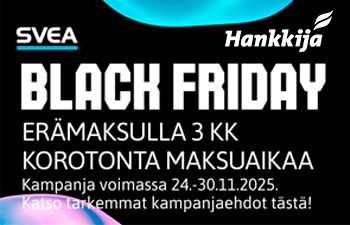 Black Friday -tarjous erämaksulla 3 kk maksuaikaa korottomasti.