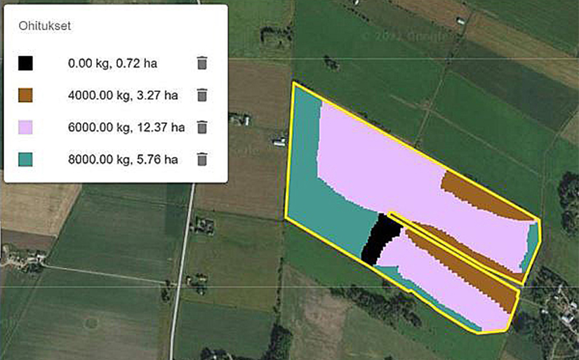 Peltoskannauksen täsmäkalkituskartta satelliittikuvan päällä