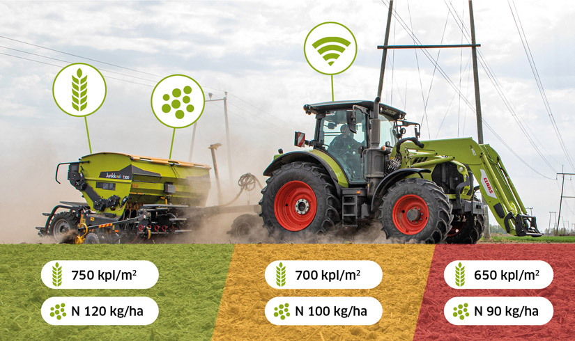 Claas-traktori pellolla ja sen alla hahmotuksena täsmäviljelystä peltoon väritettynä lukuja viljelyn optimoimiseksi