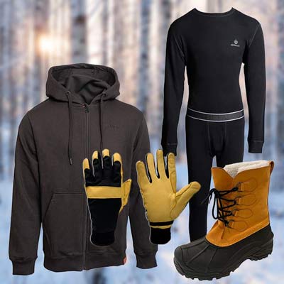 Ulkoiluvaatteet, käsineet ja kengät talven pakkasiin, talvimaisema.