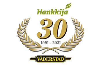 Hankkijan ja Väderstadin logot allekkain ja välissä kultaisin numeroin 30, jonka alla lukee 1991-2021.