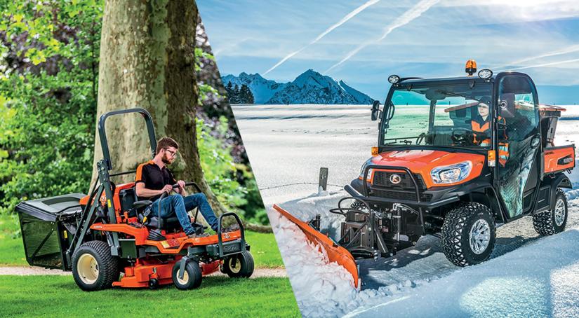 Päältäajettava Kubota-suurteholeikkuri kesäisessä ympäristössä sekä Kubota RTV lava-ajoneuvo lumitöissä talvella.