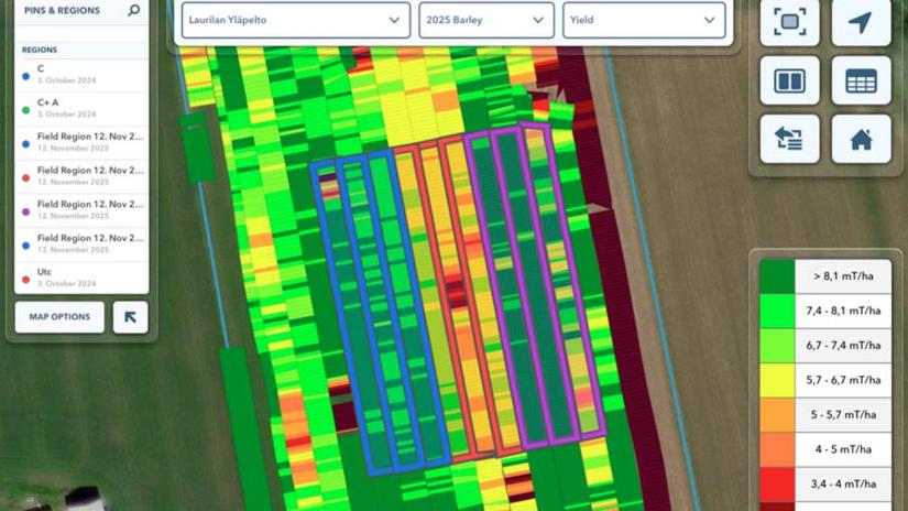 Värikoodattu satokartta, jossa InSpiro Pack -kokeiluruudut on rajattu violeteilla ja sinisillä suorakulmioilla.