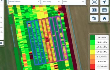 Värikoodattu satokartta, jossa InSpiro Pack -kokeiluruudut on rajattu violeteilla ja sinisillä suorakulmioilla.