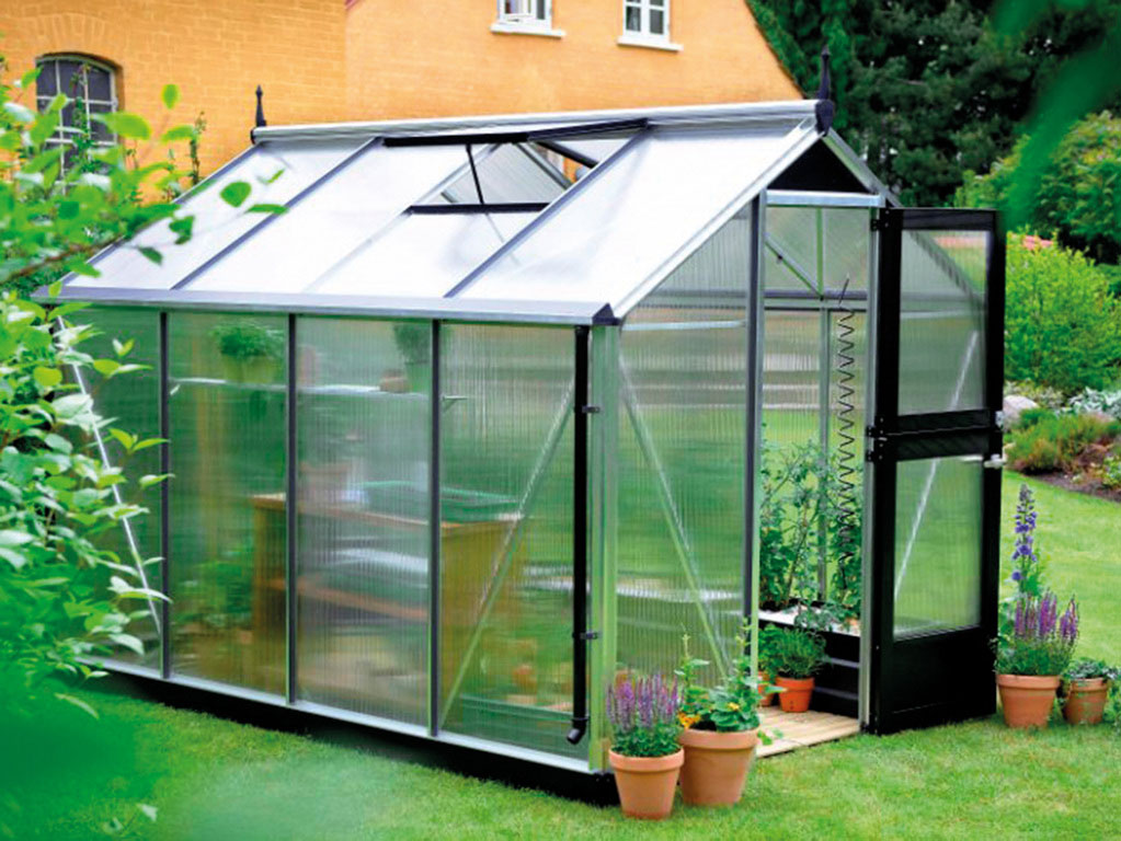 Kasvihuone Juliana Compact 8,2m2 alumiini/musta, kennolevyllä