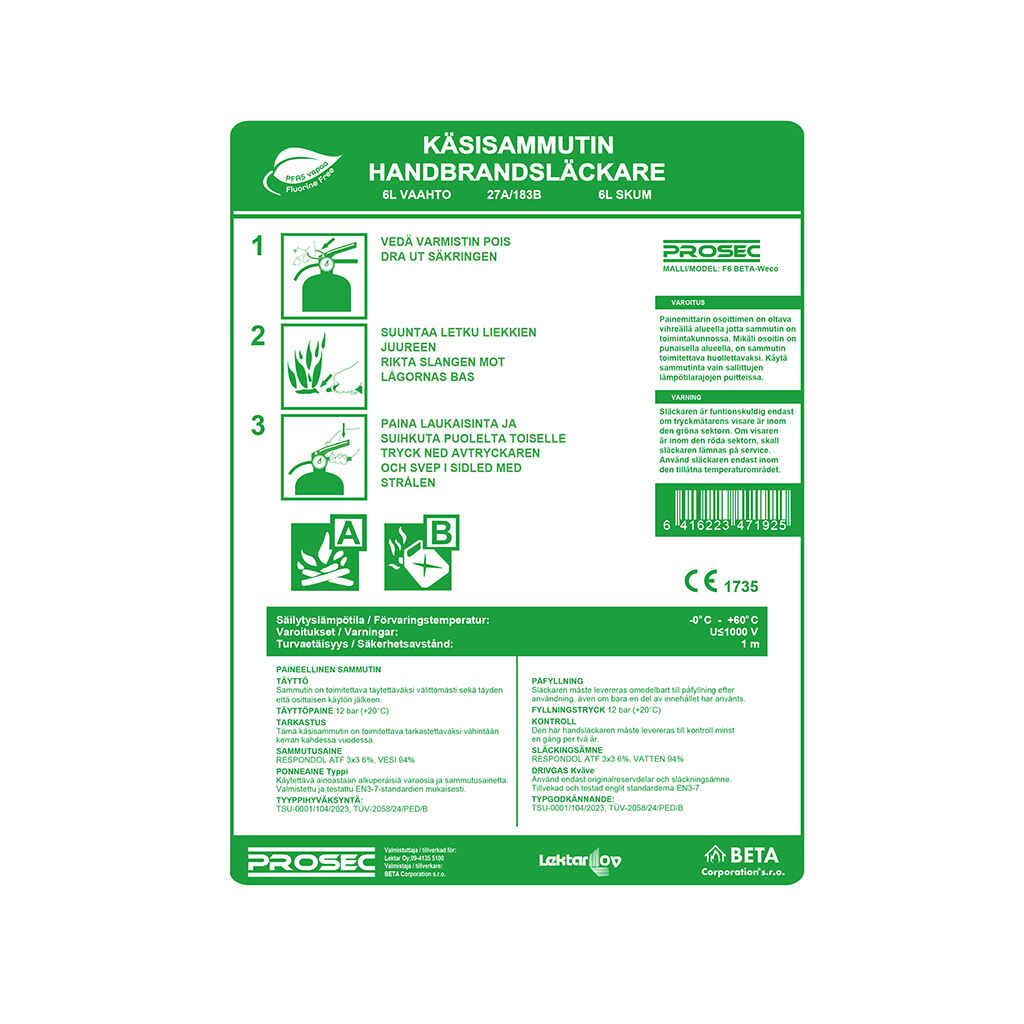 Nestesammutin 6 l Prosec PFAS-vapaa